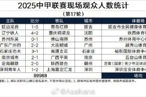 2025中甲联赛现场观众人数统计（第17轮） ​​​