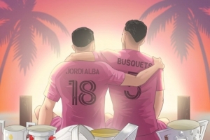 美职联晒海报致敬阿尔巴、布斯克茨：怀抱奖杯并肩策马，步入夕阳