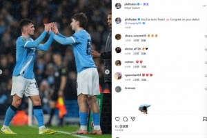 福登社媒晒同19岁小将格雷合照：晋级半决赛，祝贺你上演首秀！