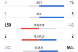 切尔西2-0布伦特福德全场：射门6-15，射正2-5，控球率46%-54%