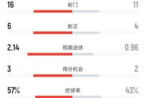 皇马2-1巴列卡诺全场：射门16-11，射正6-4，黄牌2-8，红牌0-2